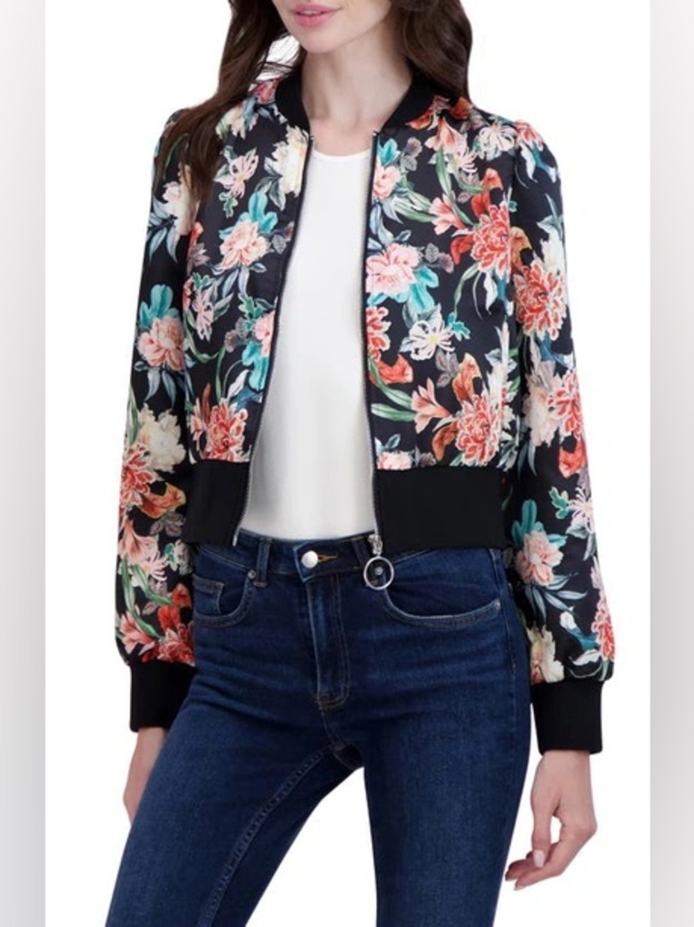 Ookie & Lala Floral Satin Bomber Jacket Black Multi Color Full Zip Size Large